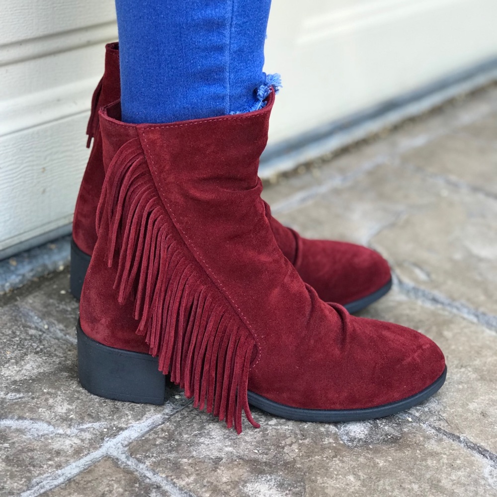 Leather Red Wine Boho Fringe Tall Ankle Boots